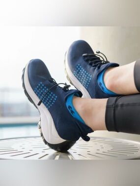 Women’s Navy Knit Athletic Sneakers with Light Blue Trim and White Midsole